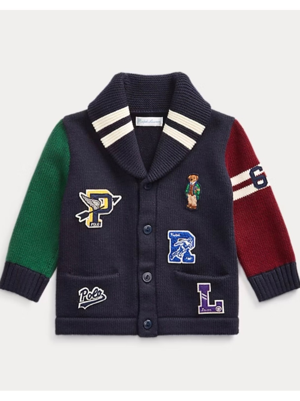 Ralph Lauren Baby Sz 9 M Polo Bear Cardigan Sweater Cotton Multi Patch